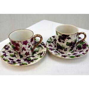 Vintage Sweet Violets Japan China Demitasse Cup Saucer 2.25" Gold Trim 2 Sets